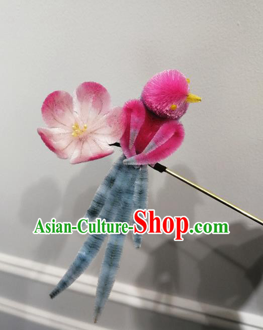 China Traditional Ancient Princess Velvet Hair Stick Classical Hanfu Rosy Magpie Plum Hairpin