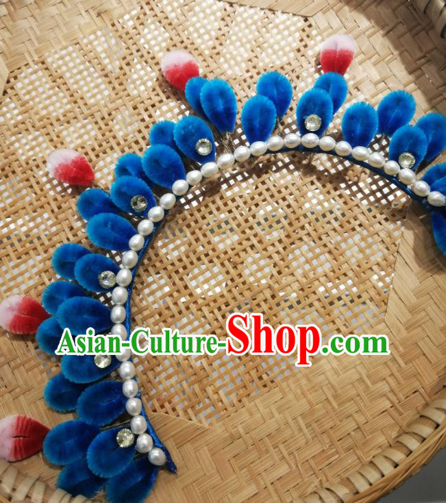 China Traditional Ancient Princess Pearls Hair Crown Classical Hanfu Royalblue Velvet Hairpin