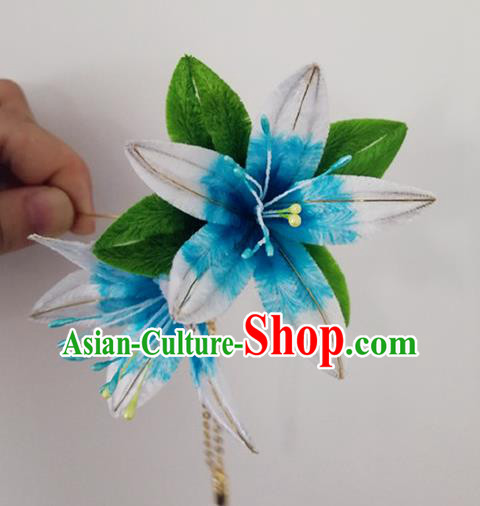 China Classical Hanfu Blue Velvet Hairpin Traditional Ancient Imperial Consort Flowers Hair Stick
