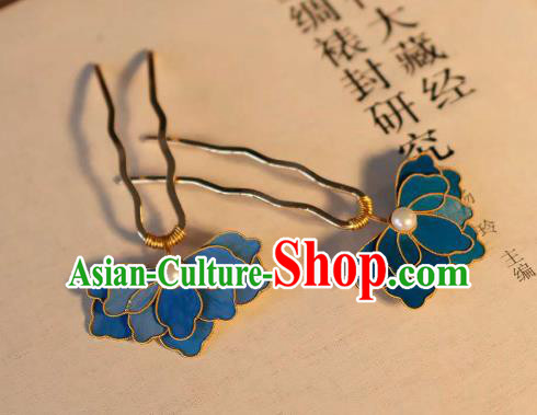 China Traditional Ancient Qing Dynasty Pearl Hair Stick Classical Hanfu Blueing Peony Hairpin