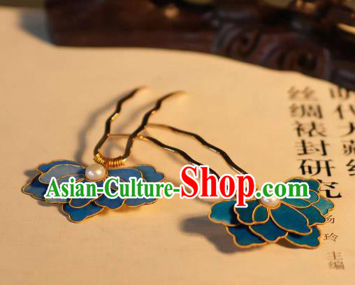China Traditional Ancient Qing Dynasty Pearl Hair Stick Classical Hanfu Blueing Peony Hairpin