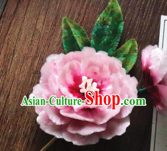 China Classical Hanfu Pink Flower Hairpin Traditional Ancient Palace Lady Velvet Peony Hair Stick