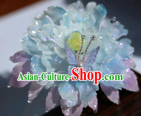 China Classical Hanfu Blue Peony Hairpin Traditional Ancient Princess Hair Stick