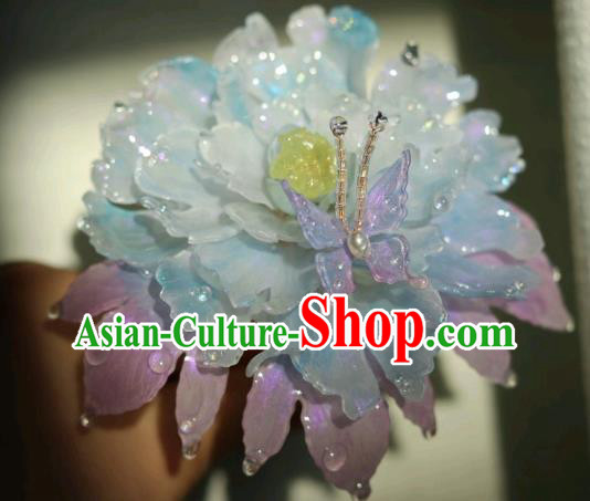 China Classical Hanfu Blue Peony Hairpin Traditional Ancient Princess Hair Stick