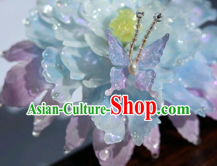 China Classical Hanfu Blue Peony Hairpin Traditional Ancient Princess Hair Stick