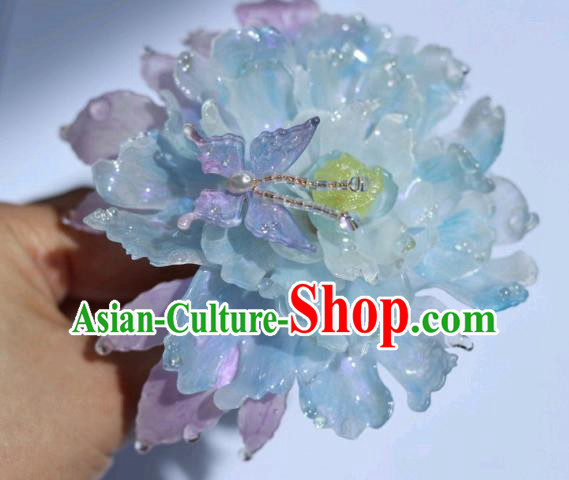 China Classical Hanfu Blue Peony Hairpin Traditional Ancient Princess Hair Stick