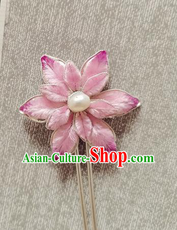 China Handmade Silver Hair Stick Traditional Hanfu Hair Accessories Classical Cheongsam Pink Velvet Lotus Hairpin