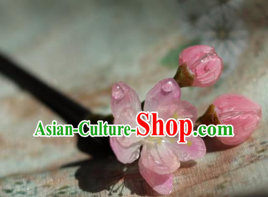 China Classical Hanfu Wood Hairpin Traditional Ancient Ming Dynasty Princess Pink Peach Blossom Hair Stick