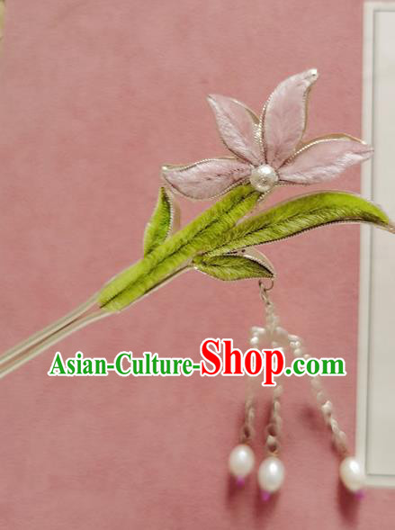 China Handmade Velvet Orchid Hair Stick Traditional Hanfu Hair Accessories Classical Cheongsam Tassel Silver Hairpin