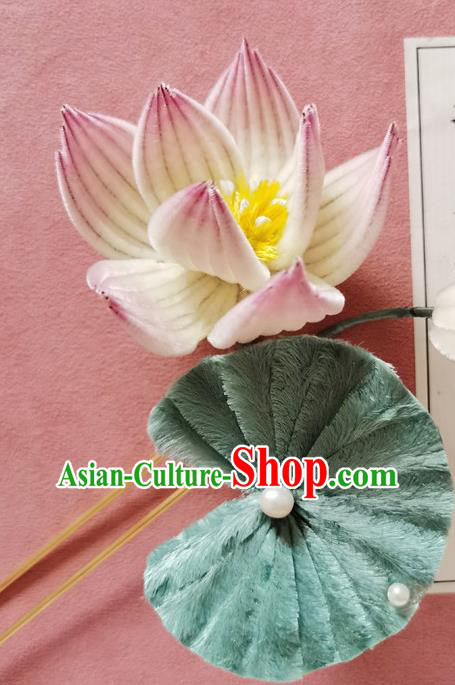 China Handmade Pink Velvet Lotus Hair Stick Traditional Hanfu Hair Accessories Classical Hairpin