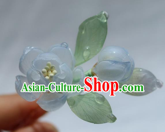 China Classical Hanfu Flowers Hairpin Traditional Ancient Ming Dynasty Princess Blue Camellia Hair Stick