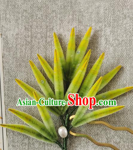 Handmade China Ancient Green Bamboo Leaf Hairpin Traditional Hanfu Hair Accessories Velvet Hair Stick