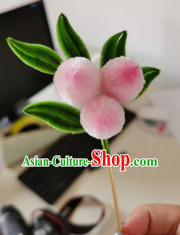 China Traditional Pink Peach Hairpin Classical Cheongsam Velvet Hair Stick Handmade Hair Accessories