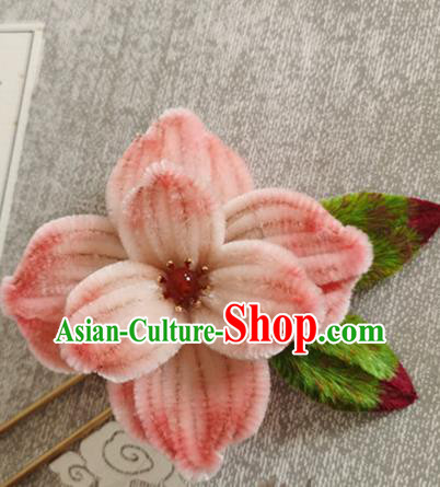 China Traditional Cheongsam Pink Peony Hairpin Classical Velvet Flowers Hair Stick Handmade Hair Accessories