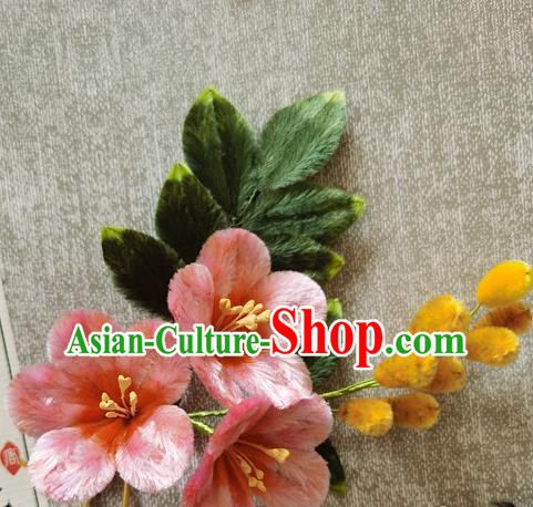 China Handmade Hair Accessories Classical Pink Flowers Hair Stick Traditional Cheongsam Velvet Hairpin