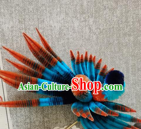 China Classical Blue Phoenix Hair Stick Traditional Cheongsam Velvet Hairpin Handmade Hair Accessories