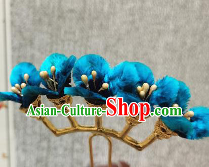 China Traditional Cheongsam Blue Velvet Flowers Hairpin Handmade Hair Accessories Classical Hair Stick
