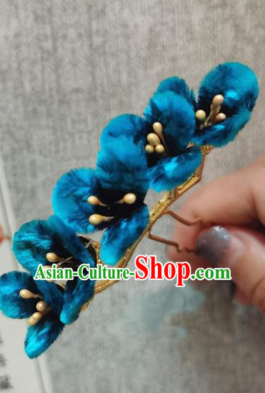 China Traditional Cheongsam Blue Velvet Flowers Hairpin Handmade Hair Accessories Classical Hair Stick