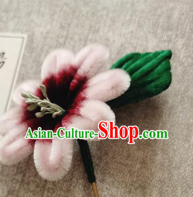 China Traditional Cheongsam Velvet Hairpin Handmade Hair Accessories Classical Pink Flowers Hair Stick