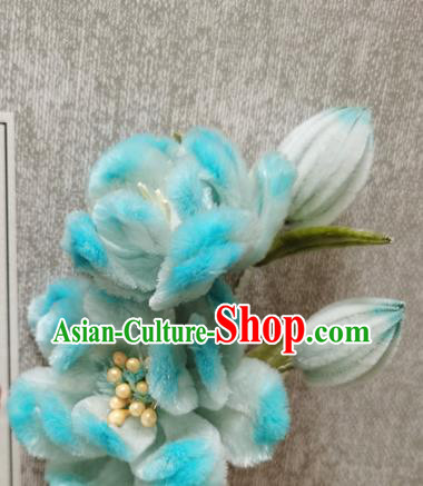 China Traditional Cheongsam Hairpin Handmade Hair Accessories Classical Blue Velvet Rose Hair Stick
