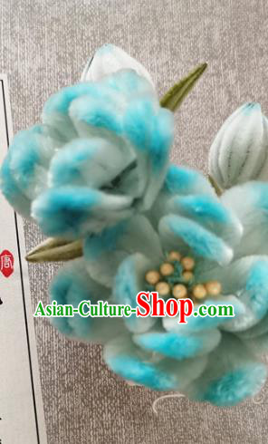 China Traditional Cheongsam Hairpin Handmade Hair Accessories Classical Blue Velvet Rose Hair Stick