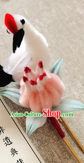 China Classical Crane Peach Hair Stick Traditional Handmade Hair Accessories Ancient Palace Lady Velvet Hairpin
