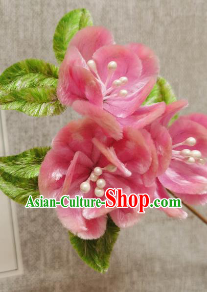 China Classical Pink Flowers Hair Stick Traditional Handmade Hair Accessories Ancient Princess Velvet Hairpin