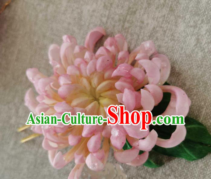 China Classical Pink Chrysanthemum Hair Stick Traditional Ancient Qing Dynasty Empress Hairpin