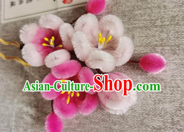 China Classical Velvet Plum Blossom Hair Stick Handmade Hair Accessories Traditional Cheongsam Pink Flowers Hairpin