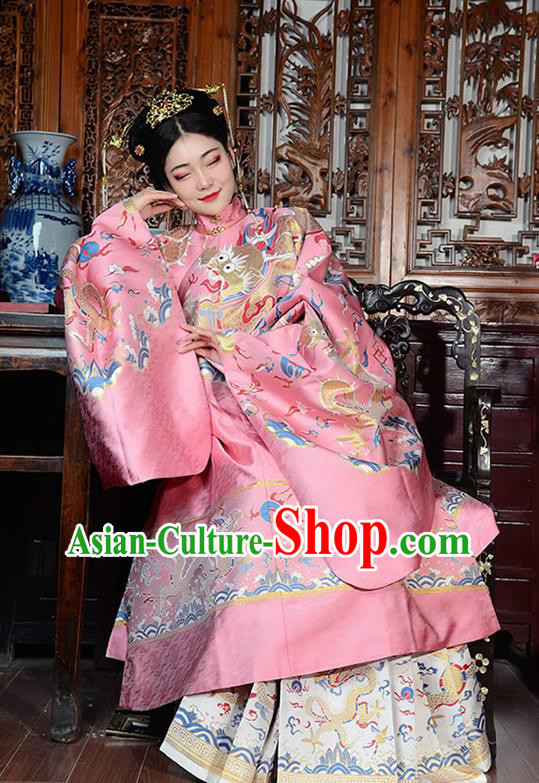 China Ancient Court Queen Wedding Pink Costumes Traditional Ming Dynasty Imperial Empress Historical Clothing Full Set