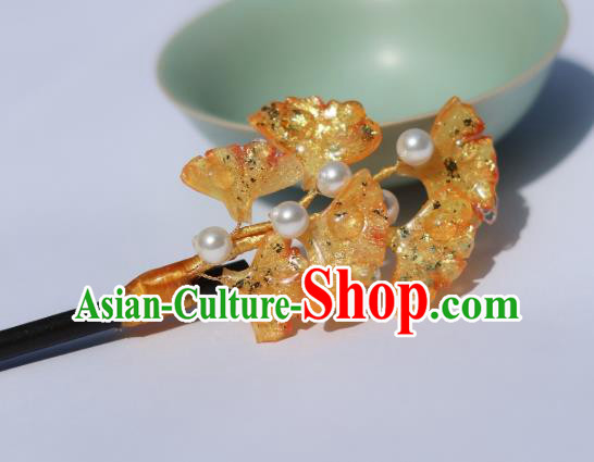 China Classical Hanfu Ginkgo Leaf Hairpin Traditional Ancient Ming Dynasty Princess Wood Hair Stick