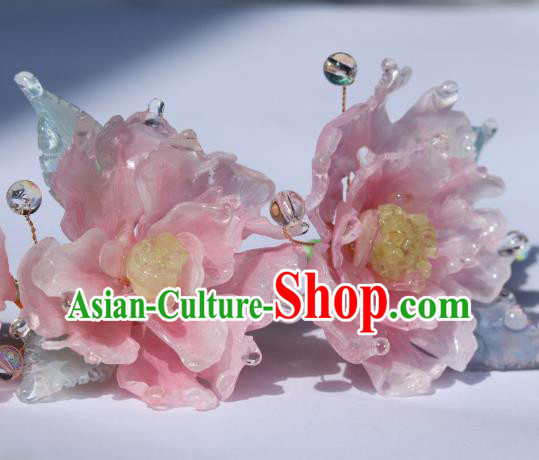 China Classical Hanfu Pink Peony Hairpin Traditional Ancient Ming Dynasty Princess Flowers Hair Stick