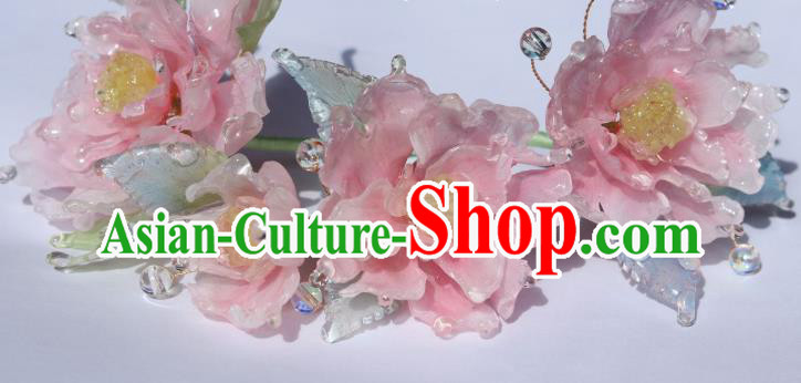 China Classical Hanfu Pink Peony Hairpin Traditional Ancient Ming Dynasty Princess Flowers Hair Stick
