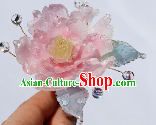 China Classical Hanfu Blue Leaf Hairpin Traditional Ancient Ming Dynasty Princess Peony Hair Stick