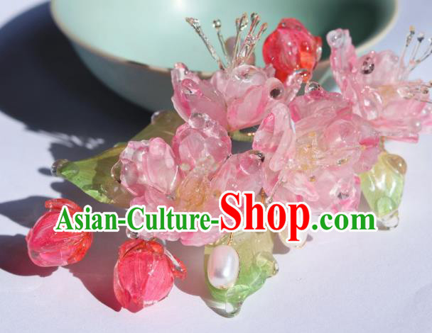 China Traditional Ancient Ming Dynasty Princess Pink Begonia Hair Stick Classical Hanfu Pearls Hairpin