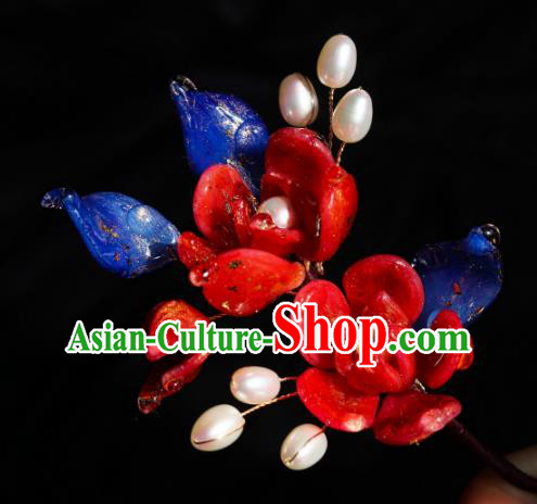 China Classical Hanfu Pearls Hairpin Traditional Red Camellia Hair Stick