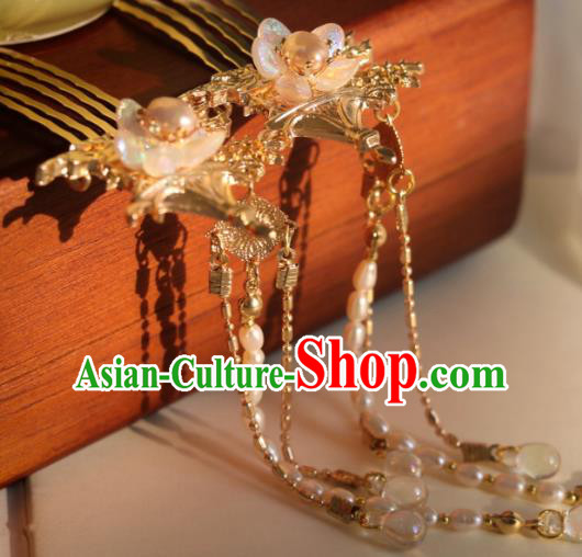 China Classical Hanfu Golden Hairpin Traditional Ming Dynasty Princess Pearls Tassel Hair Combs