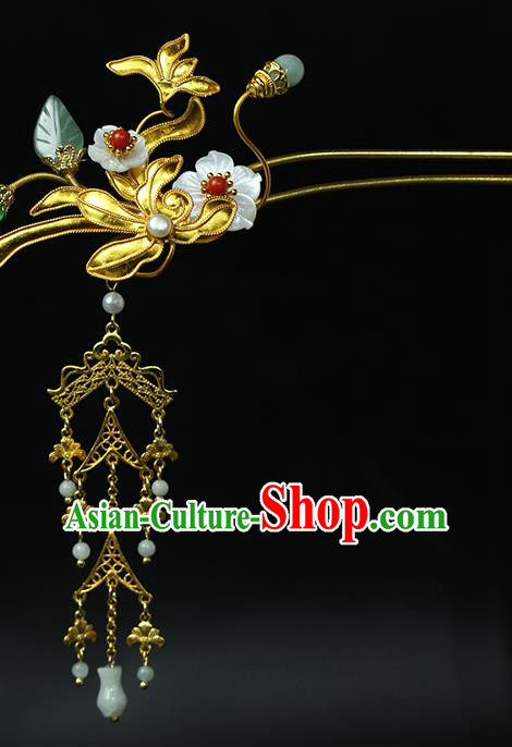China Classical Hanfu Jade Tassel Hairpin Traditional Ming Dynasty Princess Golden Orchid Hair Stick