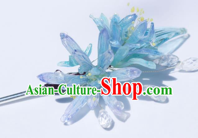 China Classical Hanfu Blue Epiphyllum Hairpin Traditional Ming Dynasty Princess Hair Stick