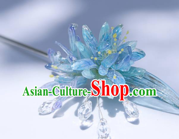 China Classical Hanfu Blue Epiphyllum Hairpin Traditional Ming Dynasty Princess Hair Stick