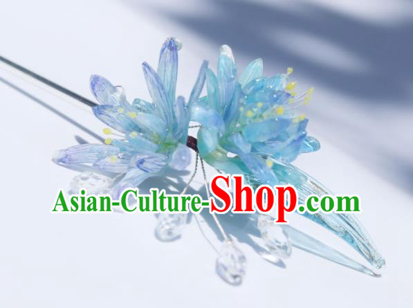 China Classical Hanfu Blue Epiphyllum Hairpin Traditional Ming Dynasty Princess Hair Stick