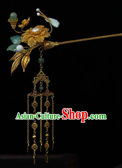 China Classical Filigree Flower Hairpin Traditional Qing Dynasty Empress Golden Tassel Hair Stick