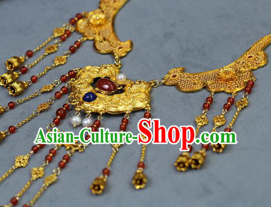 Chinese Traditional Wedding Golden Necklace Ancient Princess Agate Necklet Accessories