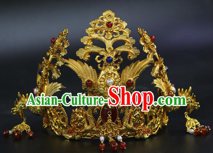 China Traditional Ming Dynasty Empress Gems Phoenix Crown Ancient Noble Woman Golden Hairpin
