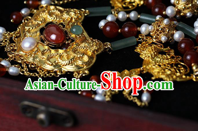 Chinese Traditional Wedding Jade Pearls Necklace Ancient Princess Agate Tassel Necklet Accessories