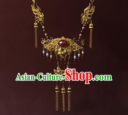 Chinese Traditional Wedding Agate Necklace Ancient Princess Golden Lotus Necklet Accessories