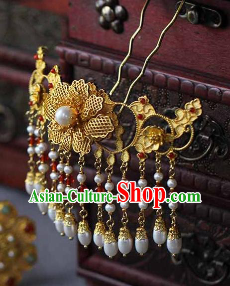 China Traditional Qing Dynasty Empress Pearls Tassel Hair Stick Ancient Court Woman Filigree Peony Hairpin