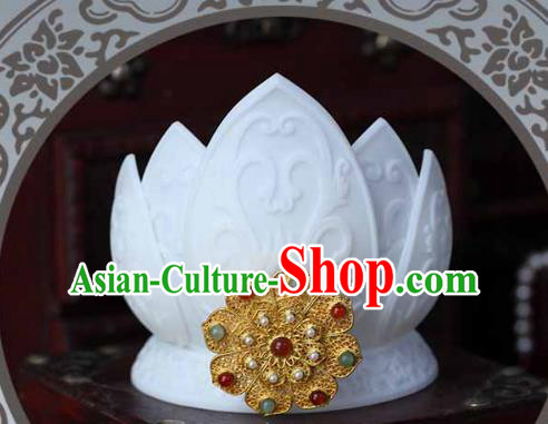China Ancient Imperial Consort White Lotus Crown Traditional Song Dynasty Pearls Hair Accessories