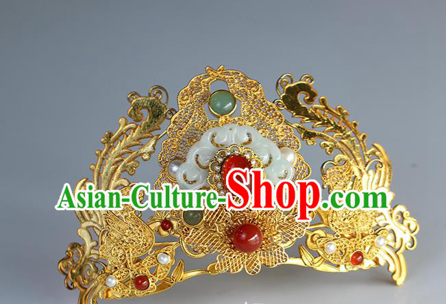 China Ancient Bride Jade Hair Crown Traditional Ming Dynasty Wedding Hair Accessories