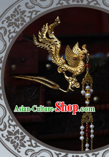 China Traditional Ming Dynasty Wedding Hair Accessories Ancient Empress Golden Phoenix Tassel Hairpin